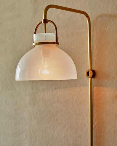 Robert True Ogden RTO Lighting - Ruth Wall Sconce - Opal Glass Shade - Brushed satin Brass Armature and Shade Holder with Tumbled Brass Wall Keep#glass_opal-glass