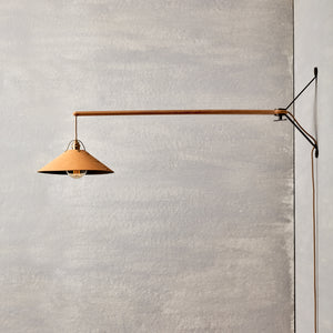 Robert True Ogden RTO Lighting - Large Yaffa Swing Arm Sconce - Plug In - Natural Leather Shade - Natural Oak Arm - Oil Rubbed Brass Wall Brackets#leather_natural