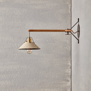 Robert True Ogden RTO Lighting - Small Yaffa Swing Arm Sconce - Hardwired - Eggshell Leather Shade - Natural Oak Arm - Oil Rubbed Brass Wall Brackets#leather_eggshell